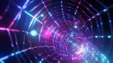 Soyut neon arka plan. Çizgilerin Aydınlık koridorunun altından uçun. Sorunsuz 4k döngü animasyon.