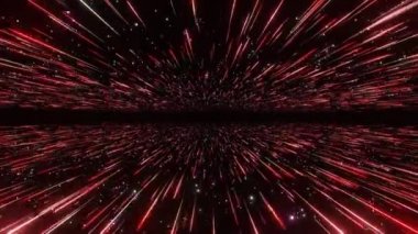 Soyut hiperuzay arka planı. Işık hızı, neon parlayan ışınları ve logo veya metin için boşluk ile hareket eden yıldızlar. Kırmızı versiyon. Yıldızların arasında hareket ediyor. 4k Dikişsiz döngü