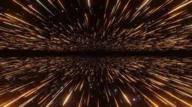 Soyut hiperuzay arka planı. Işık hızı, neon parlayan ışınları ve logo veya metin için boşluk ile hareket eden yıldızlar. Turuncu versiyonu. Yıldızların arasında hareket ediyor. 4k Dikişsiz döngü