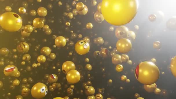 Mouvement lent des sourires 3D dans l'espace. Différentes émotions émoticônes. Réseau social. Un fond émoji. Animation en boucle sans couture vidéo 4K .