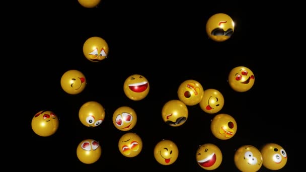 Анимация Падения Заполнения Экрана Различными Желтыми Шарами Различными Стилями Смайликов — стоковое видео