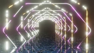 Soyut neon arkaplan. Yuvarlak altıgen bir koridorda uçuyor. Kusursuz 4k döngü canlandırması.