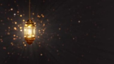 Ramazan mumu feneri zengin bir altın zemin üzerinde ışınlar ile parlar. Bokeh 'le parıldayan parçacıklar. 4K döngü video canlandırması