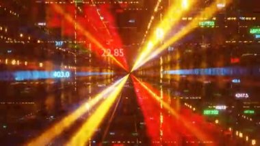 Dijital matris. Büyük veri. Kamera farklı sayaçlarla dijital ikili uzay boyunca uçar. Tezgâhlar her zaman kameraya bakıyor. Sonsuz döngü 4K