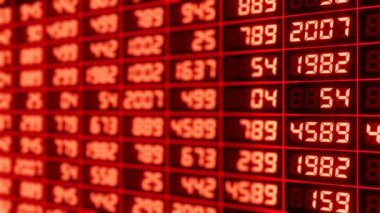 Finansal döviz bürosunun kırmızı numaralı 3D sunumu. Borsa geçmişi. 4k döngü canlandırması
