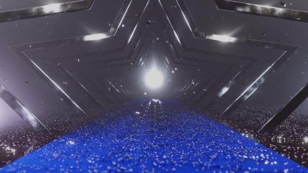 Caméra Déplace Long Couloir Étoiles Argentées Tapis Bleu Parsemé Confettis — Video