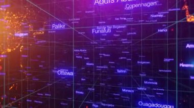 Dünya haritası ve tüm başkentleriyle soyut bir alanın 3 boyutlu animasyonu. 4K döngü canlandırması.