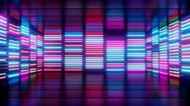 Neon arka plan. Mor ve mavi neon arka plan görünür ve kaybolur. Parlak neon arka plan. Oda.