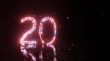 Mutlu yıllar 2021. 2021 yazısında parlak neon ışıklar ve parıltılarla aydınlatılmış. 4K noel arkaplanı.