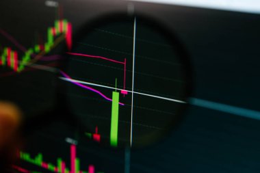 Büyüteç. Ticari ticaret. konsept borsa finans izleme çizelgesi 