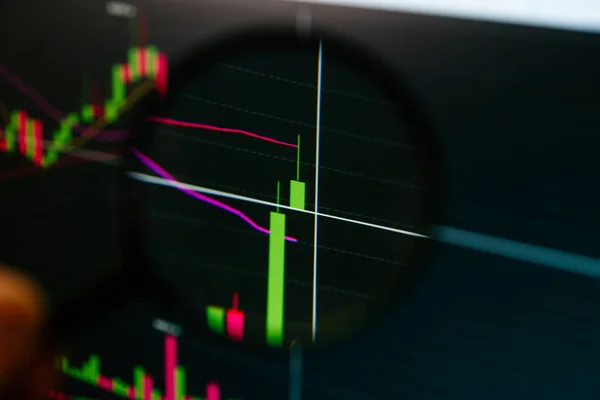 Lupe Business Finanzhandel Konzept Börse Finanzen Monitor Chart Stockbild