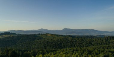  Yaz mevsiminde güneş ve çam ağaçlarıyla birlikte güneş doğar. Kayalarla manzara, bulutlarla güneşli gökyüzü