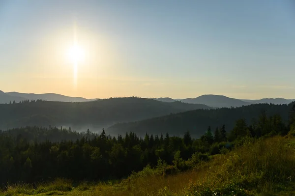 Bergslandskap Med Sol Och Alpina Tallar Soluppgång — Stockfoto