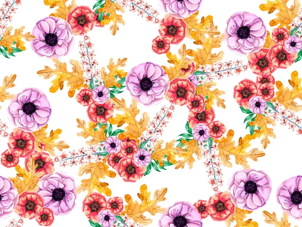 Seamless Mönster Med Färg Blommor Och Gröna Blad Akvarell Illustration — Stockfoto