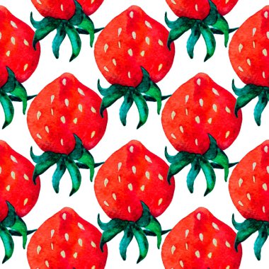 Beyaz kağıt üzerinde yeşil yaprak desenli suluboya çilek