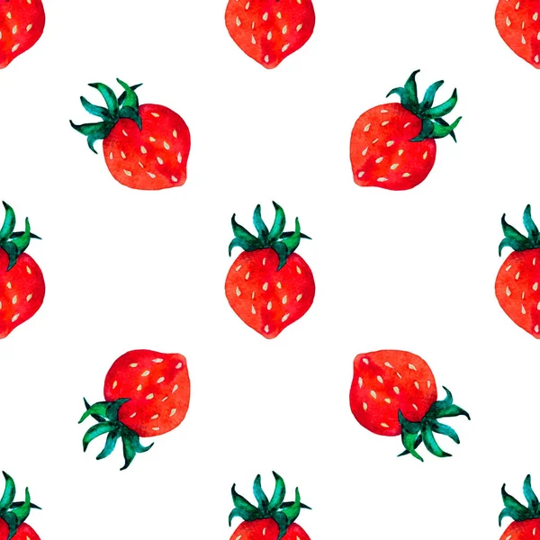 Aquarell Erdbeeren Mit Grünem Blättermuster Auf Weißem Papier — Stockfoto