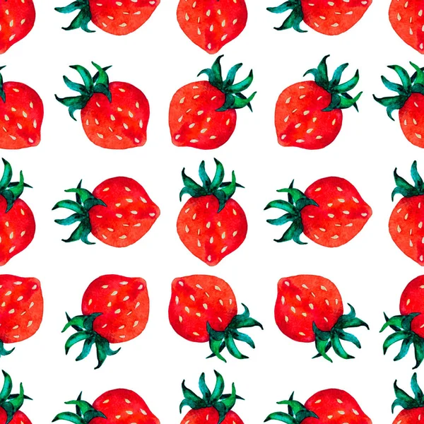 Aquarell Erdbeeren Mit Grünem Blättermuster Auf Weißem Papier — Stockfoto
