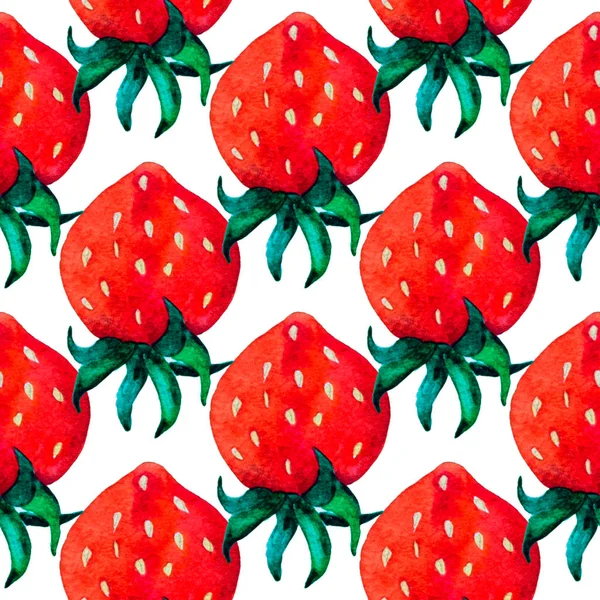 Aquarell Erdbeeren Mit Grünem Blättermuster Auf Weißem Papier — Stockfoto