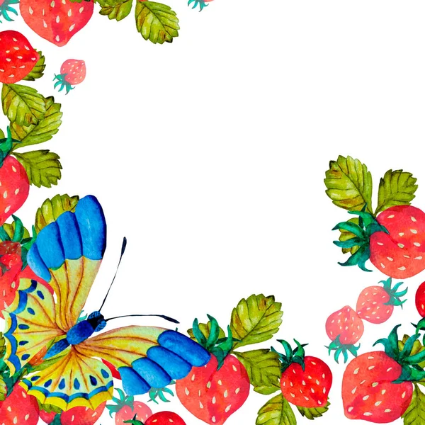 Aquarel Butterfly Aardbeien Met Groene Bladeren Patroon Wit Papier — Stockfoto