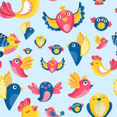 Süper parlak güzel kuşlar ve civcivler sanki cennetten gelmiş gibi. Grafik tabletine çizilmiş ve bir dokuyla birleştirilmiş.