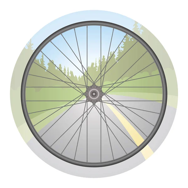 Fahrradrad Mit Landschaft Und Straße Hintergrund — Stockvektor