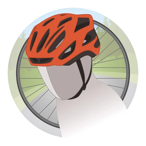 Helm Bersepeda Jingga Dengan Roda Sepeda Dan Pemandangan Melingkar Latar - Stok Vektor
