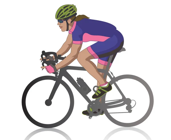 女性骑自行车赛车在道路上 剖面视图 在白色背景下隔离 — 图库矢量图片