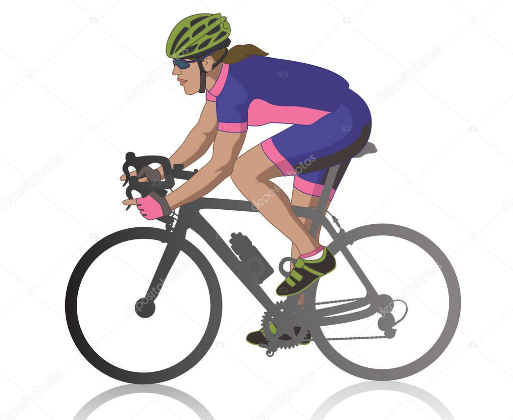 female cyclist racing on road, profile view, isolated on a white background