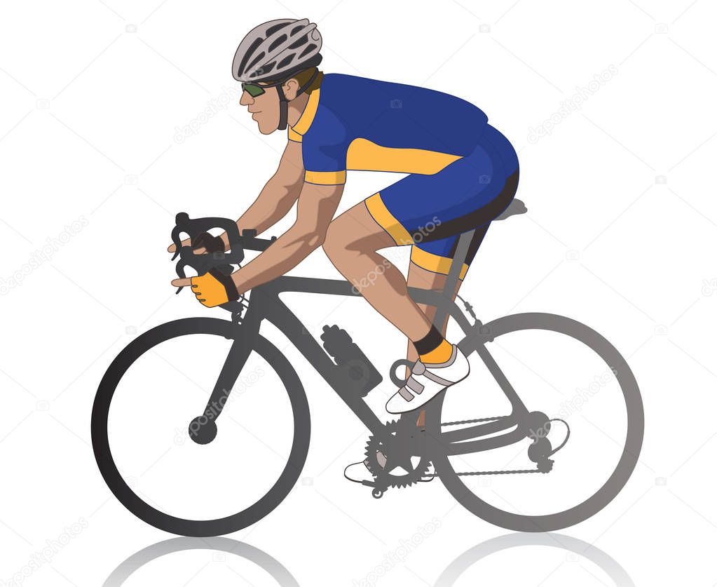 male cyclist racing on road, profile view, isolated on a white background