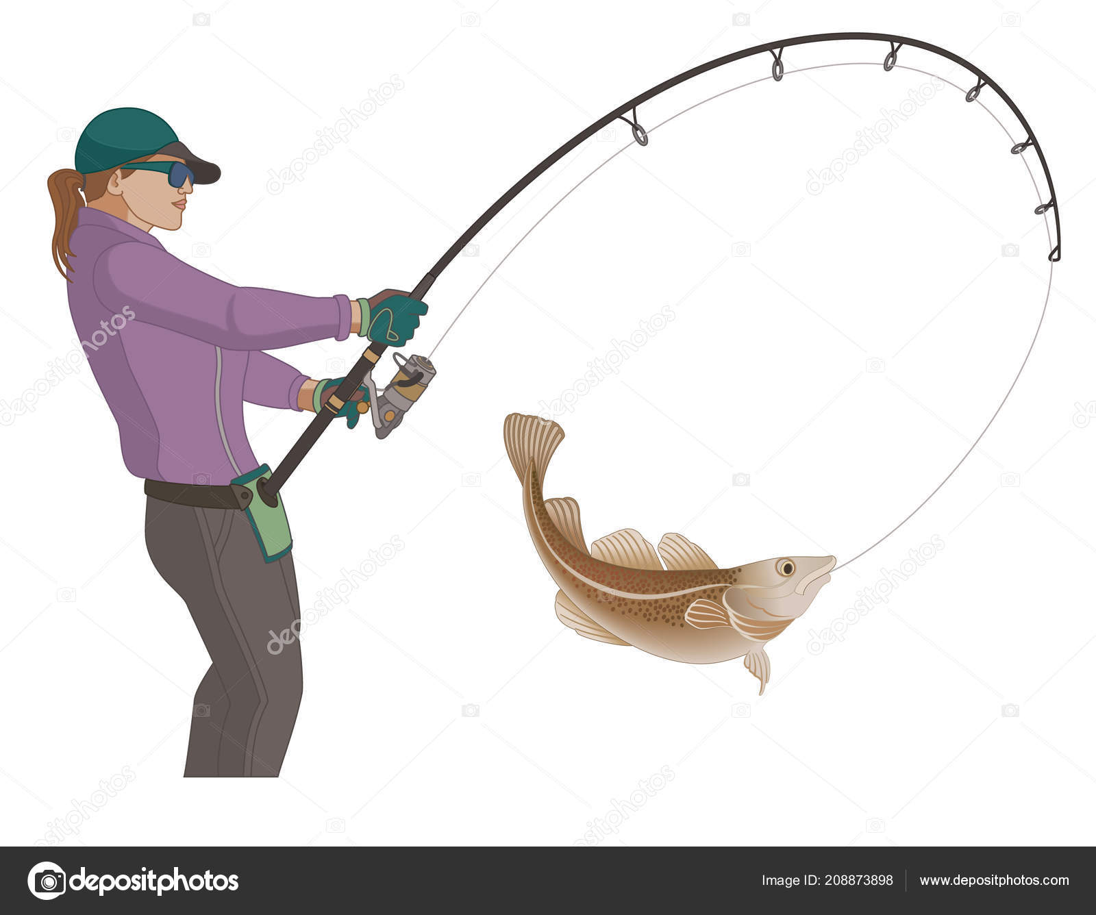 Angling Fishing Fisher Woman Catching Fish Using Fishing Pole Lure