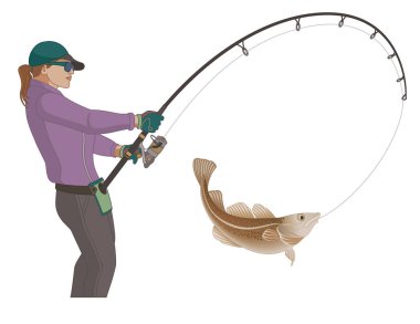 Olta kamışı ve beyaz bir arka plan üzerinde izole yem kullanarak olta balıkçılığı balıkçılık fisher-kadın balık