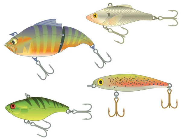 Set Four Fishing Lures Isolated White Background — Stock Vector