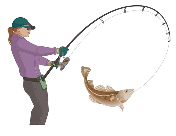 Angling Fishing Fisher Woman Catching Fish Using Fishing Pole Lure — Stock Vector