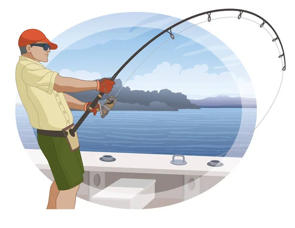 Angling Fishing Fisherman Catching Fish Boat Using Fishing Pole Water — Stock Vector