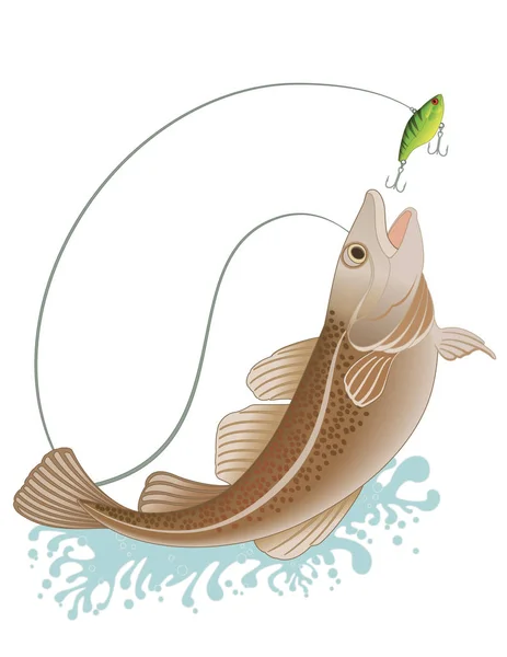 Ψάρια Πιάνει Πράσινο Δέλεαρ Την Αλιεία Γραμμή Που Απομονώνονται Λευκό — Διανυσματικό Αρχείο