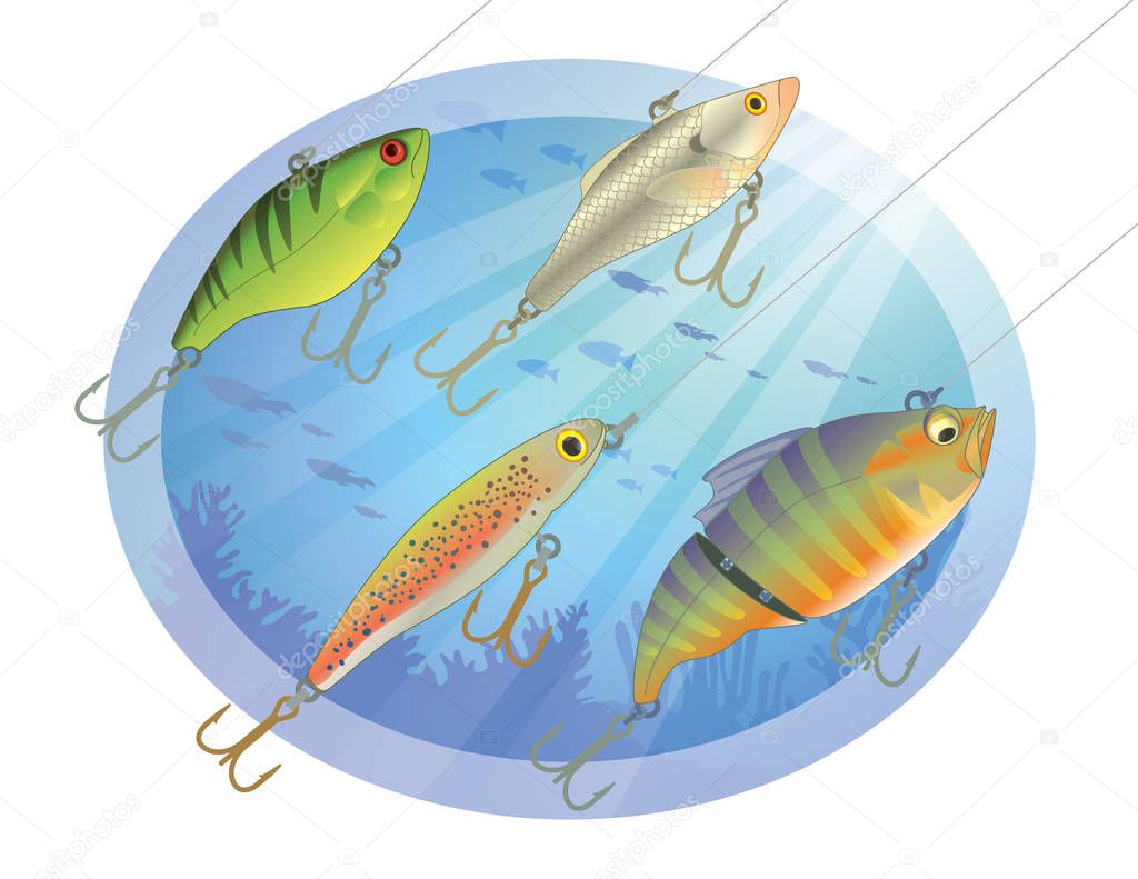 set of four fishing lures in the water