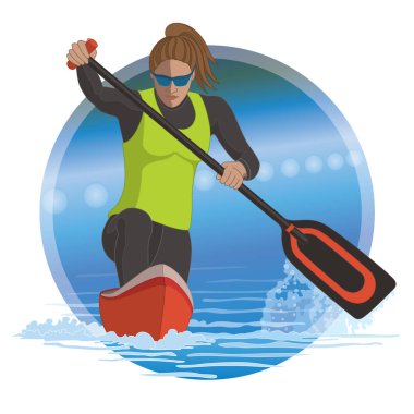 Erkek su dalgalar ve su sıçramalarına bir daire ile yarış Kano içinde diz çökmüş