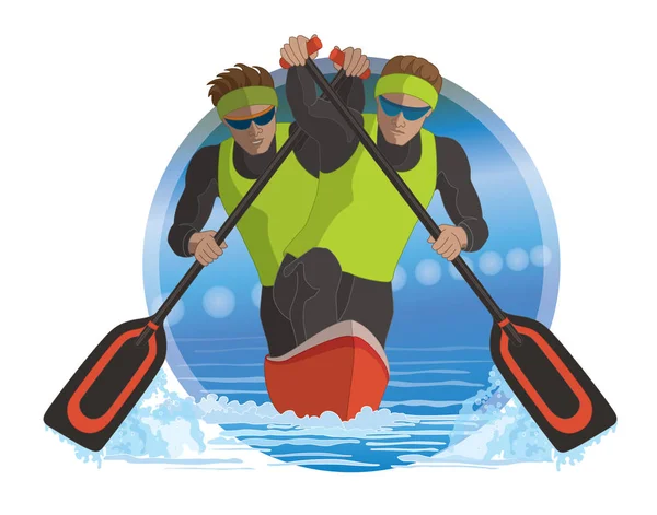 Zwei Männer Knien Kanu Rennen Auf Dem Wasser Mit Wellen — Stockvektor