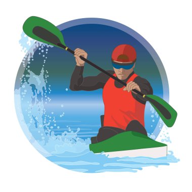 kayaking male racing in water with border circle in background clipart