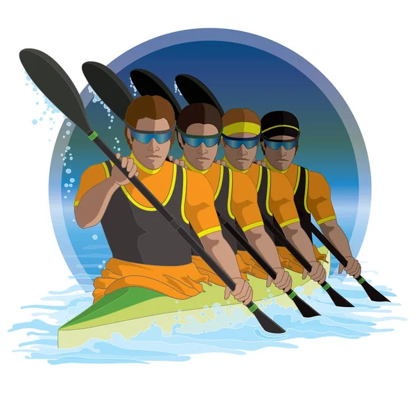 Caiaque K4 equipe de quatro machos remando com círculo de água no fundo — Vetor de Stock