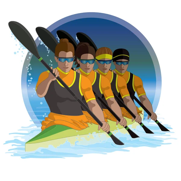Caiaque K4 equipe de quatro fêmeas remando com círculo de água no fundo — Vetor de Stock