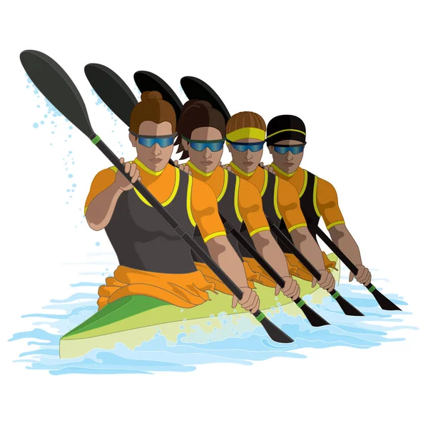 Kajak-K4-Team von vier Frauen paddeln mit Wasser isoliert auf weißem Hintergrund — Stockvektor