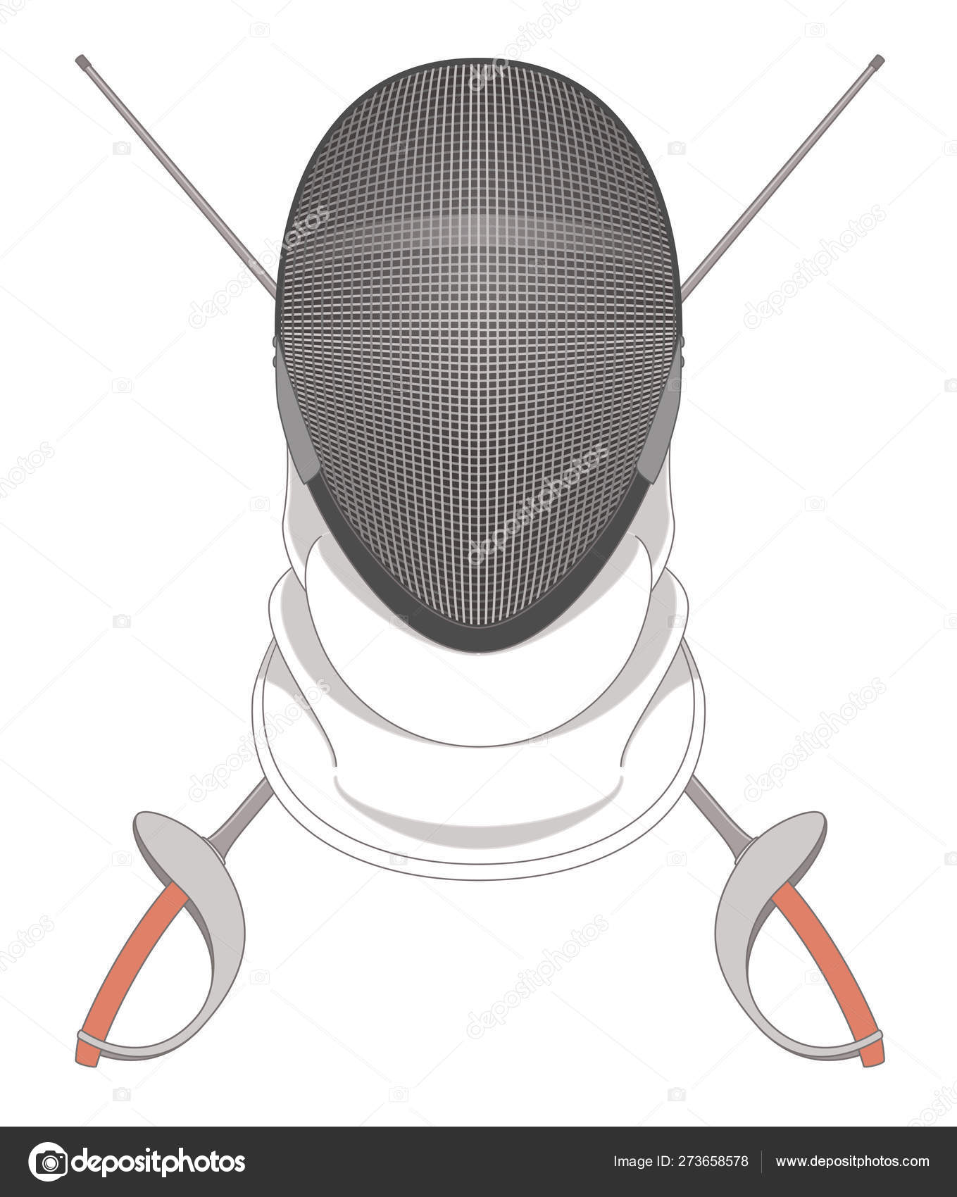 Fencing helmet with saber swords crossed isolated on white background