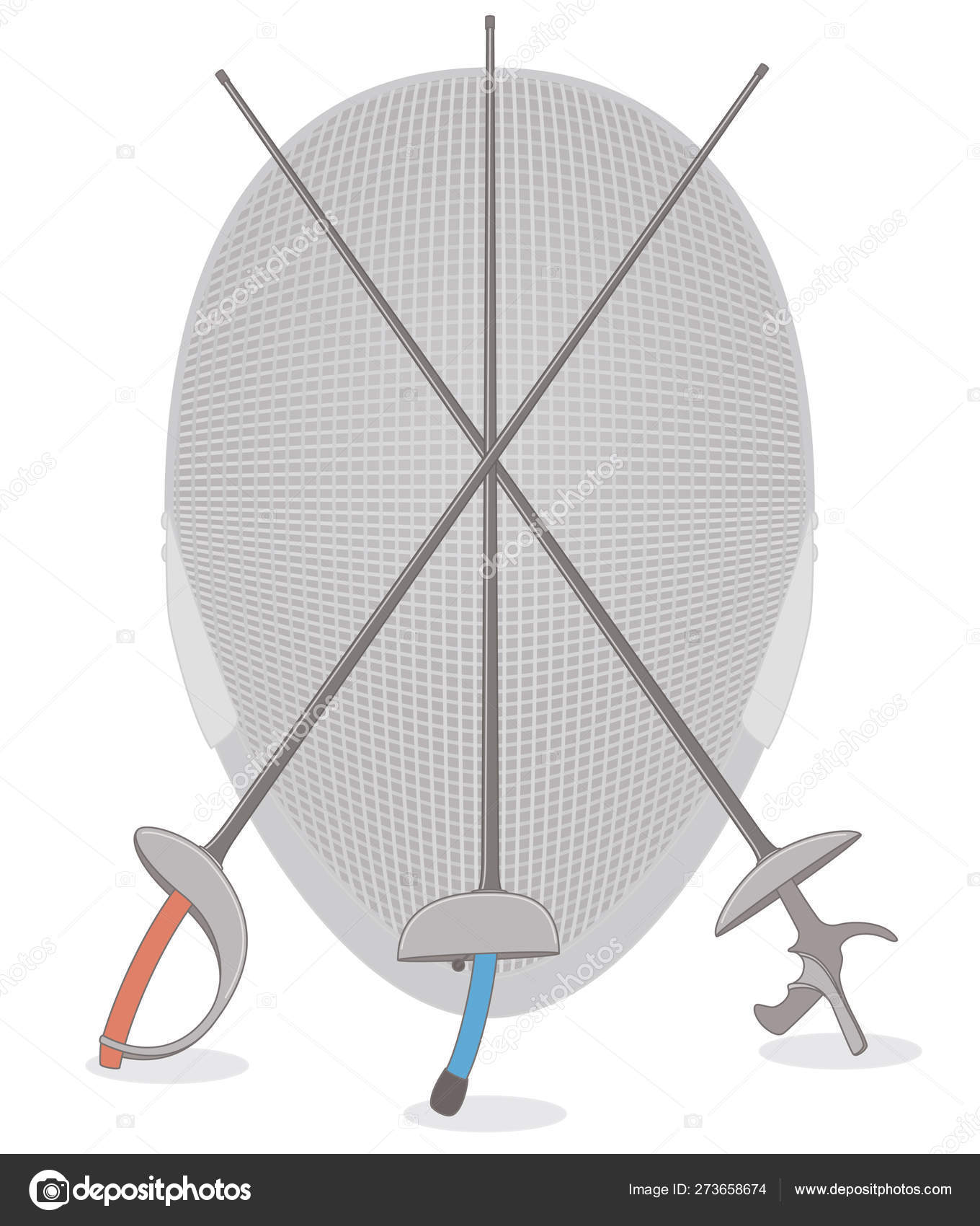 Fencing swords, sabre, epee, foil, crossed with helmet in background