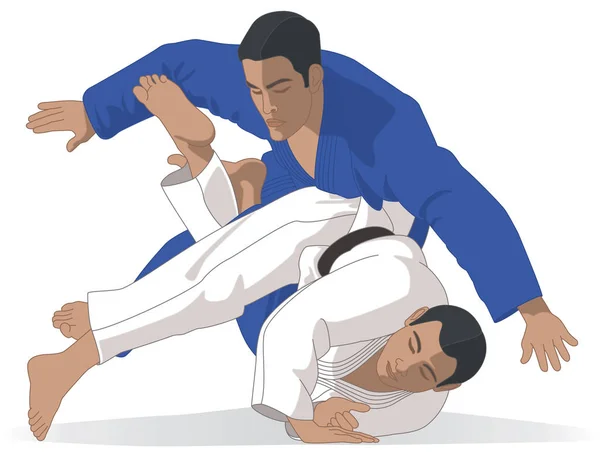 Judo-Wettbewerb mit zwei Männern in Takedown isoliert auf weißem Hintergrund — Stockvektor