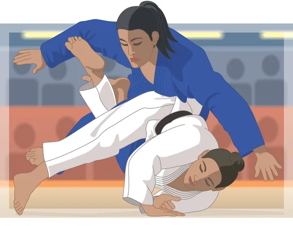 Judo-Wettbewerb mit zwei Frauen im Takedown mit Publikum im Hintergrund — Stockvektor
