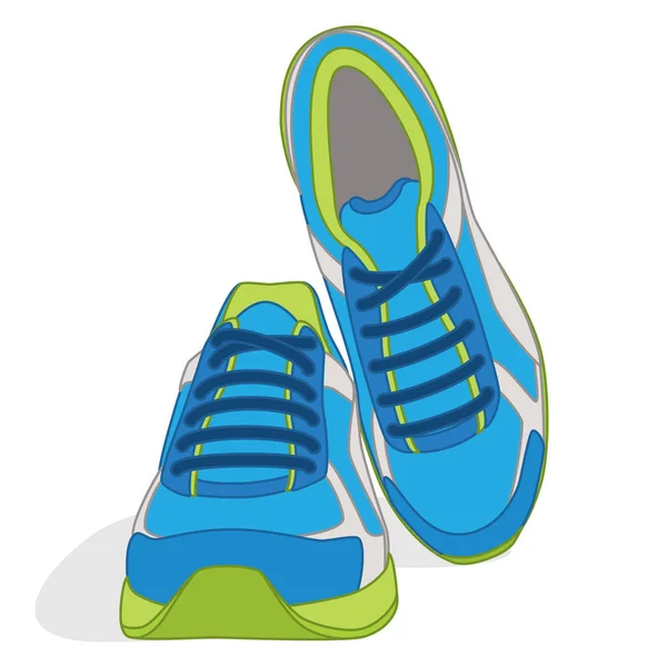 Par de zapatillas de correr, azul y verde, vista superior y lateral aislada sobre un fondo blanco — Vector de stock