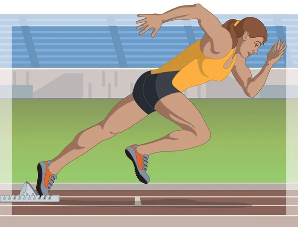 Female sprint runner, racing on track with field and stadium in background — Stock Vector