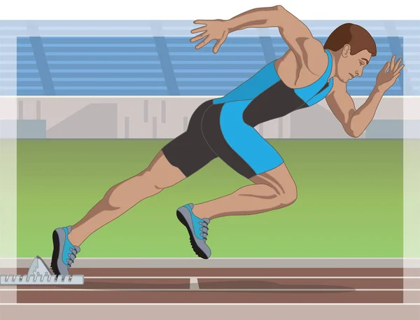 Male sprint runner, racing on track with field and stadium in background — Stock Vector