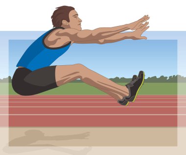 Erkek uzun atlama sporcusu, kum havalanırken, pistte ve gökyüzünde